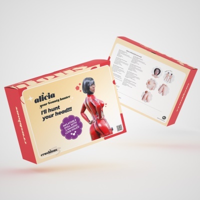 Embalagem de produto com personagem feminina em roupa vermelha e texto promocional em inglês