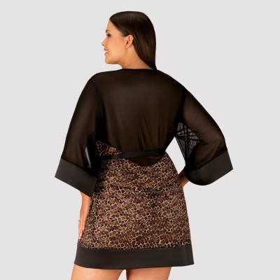 Vestido curto com parte superior preta semitransparente e parte inferior com padrão animal print