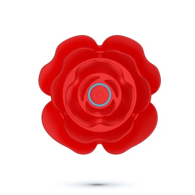 Flor vermelha estilizada com círculo azul no centro