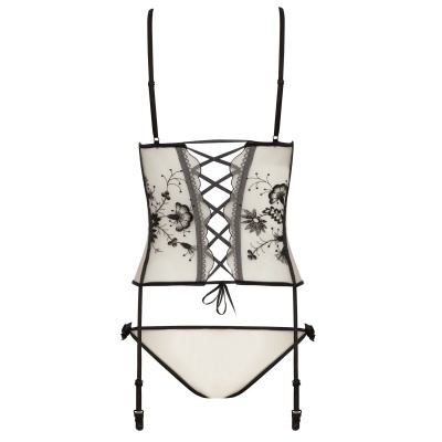 Conjunto de lingerie branco transparente com bordados florais pretos e fitas pretas.