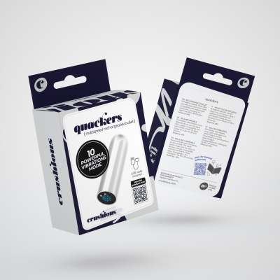 Embalagens azul escuro e branco de mini vibrador 'quackers' com texto em inglês e código QR