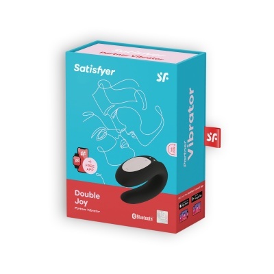 Caixa de vibrador portátil Satisfyer Double Joy azul e vermelha com ilustração do produto preto