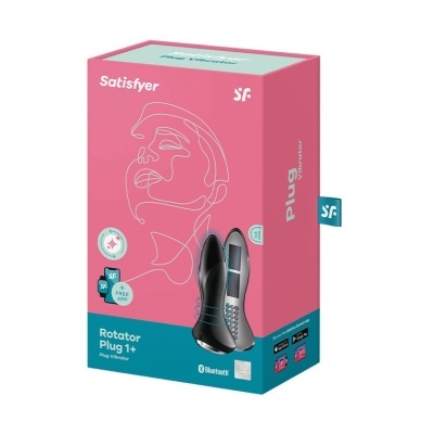 Caixa rosa e azul do Rotator Plug 1+ da marca Satisfyer com imagem do produto e texto informativo.