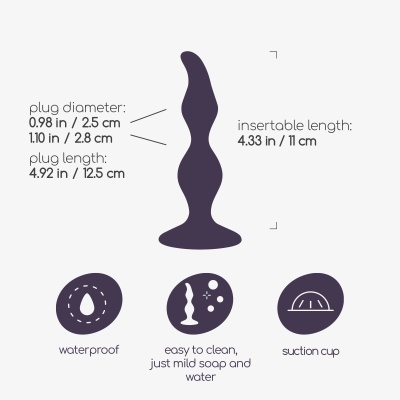 Ilustração de plug sexual roxo com dimensões e ícones de funcionalidades