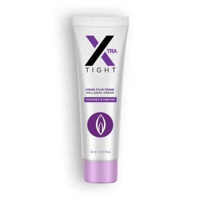 Frasco branco com tampa roxa e texto XTRA TIGHT Wellness Cream