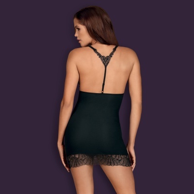 Vestido preto curto com renda na barra visto de costas