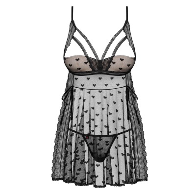 vestido transparente preto com padrão de corações e fio dental