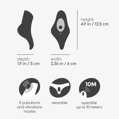 Dispositivo portátil preto com dimensões e ícones de funcionalidade