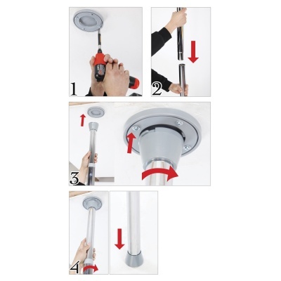 Instruções para montagem de mastro metálico prateado com setas vermelhas