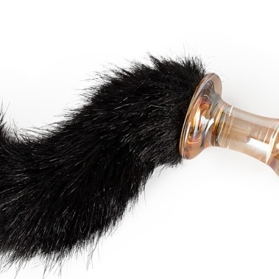 Plug anal translúcido dourado com rabo preto felpudo