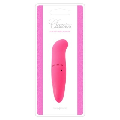 Vibrador rosa G-Point Classics embalado em blister branco com bordas rosas.