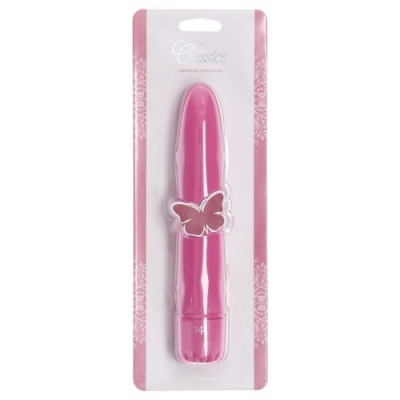 Vibrador rosa em embalagem branca e rosa com texto Classic e borboleta