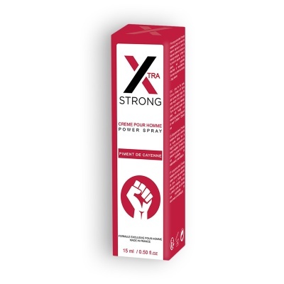 Embalagem vermelha e branca de spray para homens Xtra Strong com texto e ícone de punho fechado