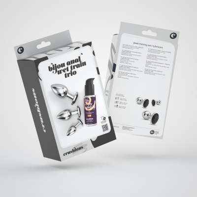Embalagem de conjunto de três plugues anais de metal com base preta e frasco de lubrificante