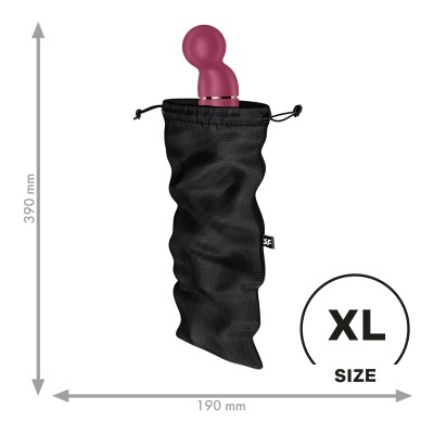 Vibrador vinho com bolsa preta em fundo branco e dimensões onde XL é destacado