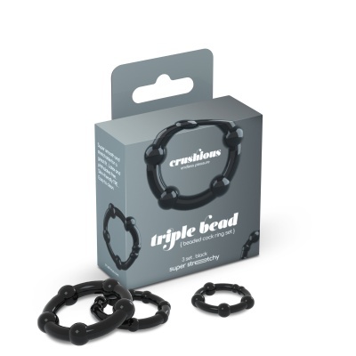 Conjunto de anéis elásticos pretos em caixa cinzenta com texto em branco