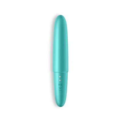 Vibrador pessoal azul turquesa de silicone com indicadores lumiosos em fundo branco