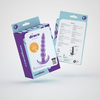 Embalagem de plug anal roxo segmentado com base em argola, em caixa azul claro e roxa