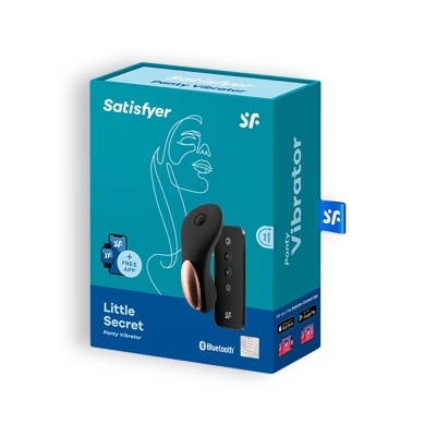 Caixa azul do vibrador Little Secret da Satisfyer com ilustração de rosto e texto