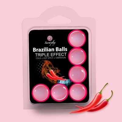 Embalagem com seis bolas brasileiras rosa em fundo preto com texto e imagem de pimenta