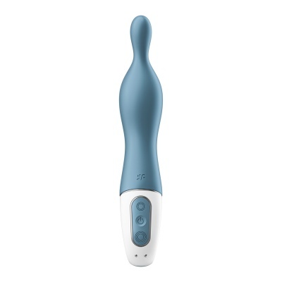 Vibrador azul com base branca e botões na parte inferior