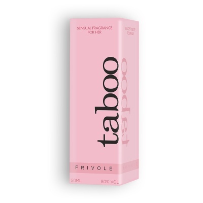 Embalagem cor-de-rosa de perfume Taboo Frivole, 50ml, 80% VOL, texto em preto e rosa