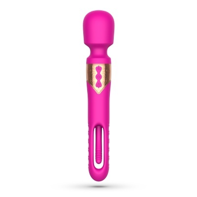 Vibrador massajador rosa com detalhes dourados e botões na base