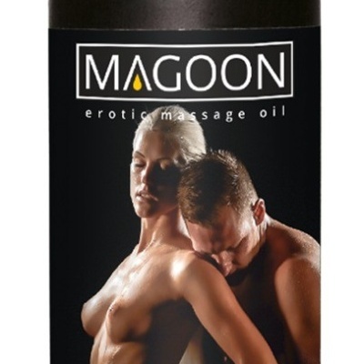 Frasco de óleo de massagem erótica MAGOON com aroma de jasmim e imagem de casal no rótulo