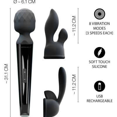Vibrador preto com dois acessórios de silicone e descrições de características