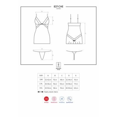 Desenho técnico de conjunto de lingerie com medidas e características detalhadas