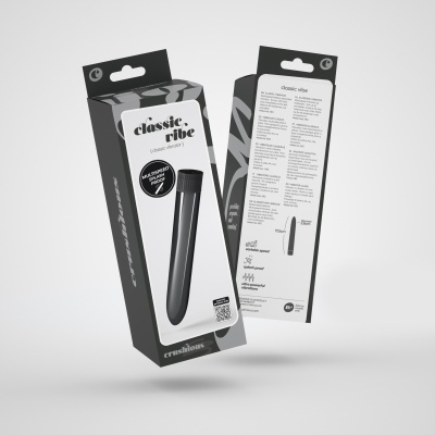 Embalagem preta e branca de tubo denominado classic vibe com informações no verso