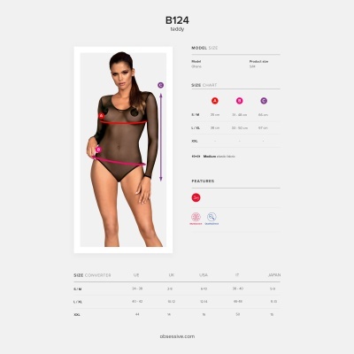 Top transparente preto de manga longa com tabela de tamanhos e medidas na imagem.