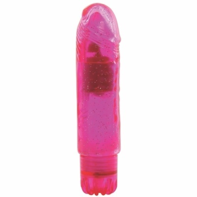 vibrador rosa translúcido com glitter e botão na base