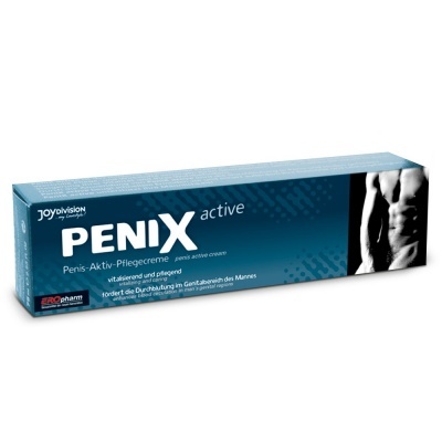 Caixa azul de creme para cuidados íntimos masculinos PENIX active com texto