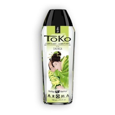 Frasco de lubrificante Toko Shunga com rótulo verde e branco e imagem artística