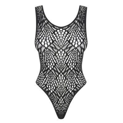 Body feminino em renda preta com padrão aberto e texturizado