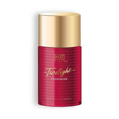 Frasco vermelho de perfume feminino com tampa dourada e texto 'Twilight Pheromone'.
