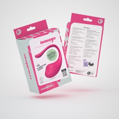 Embalagem de vibrador rosa Tamago com texto sobre 20 modos de vibração