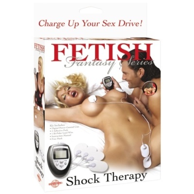 Embalagem do produto Fetish Fantasy Series Shock Therapy com controlador de choque e casal na imagem