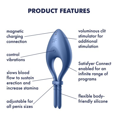Estimulador sexual azul em silicone com indicações de características do produto