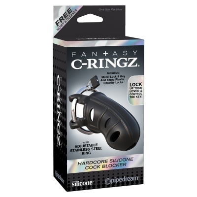 Embalagem do bloqueador peniano Fantasy C-Ringz preto em silicone e aço inoxidável
