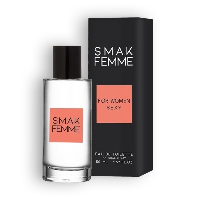 Frasco de perfume SMAK FEMME com caixa preta e detalhes cor de salmão