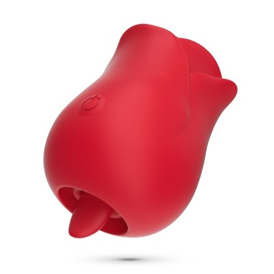 Produto vermelho de silicone com botão de ligar e formato de rosa