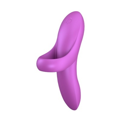 Produto ergonómico curvo em silicone rosa/violeta num fundo branco