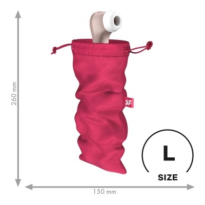 Fone de ouvido em bolsa de tecido vermelho escuro com cordão, etiqueta SF, tamanho L