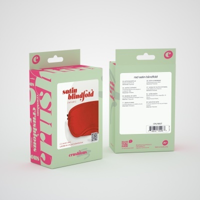 Embalagens de tapa-olhos de cetim vermelho com texto em inglês