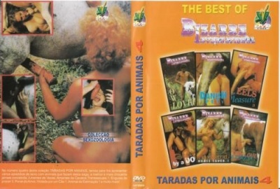 Capa de DVD 'Taradas por Animais 4' com várias imagens de animais e fundo laranja