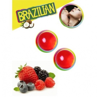 Embalagem de produto BRAZILIAN com cápsulas vermelhas, imagem de casal e frutas frescas