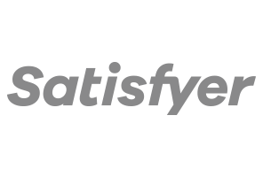 Logótipo da marca 'Satisfyer' em letras cinzentas sobre fundo branco