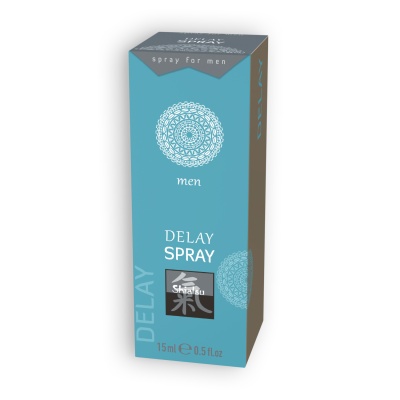 Embalagem de spray azul e cinza para homens com texto Delay Spray e Shasu